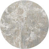 Close-up of a round Cady Thick Luxe Area Rug. Abstract design in cloud gray, brown, and light gray tones. Design-Round-53