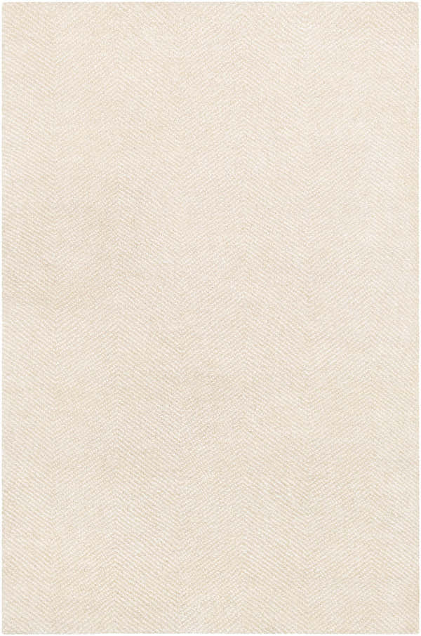 Close-up of the Ceiba Carpet. Beige and ivory rug with a subtle, contemporary herringbone pattern and hand-knotted texture. Design-Rectangle-576