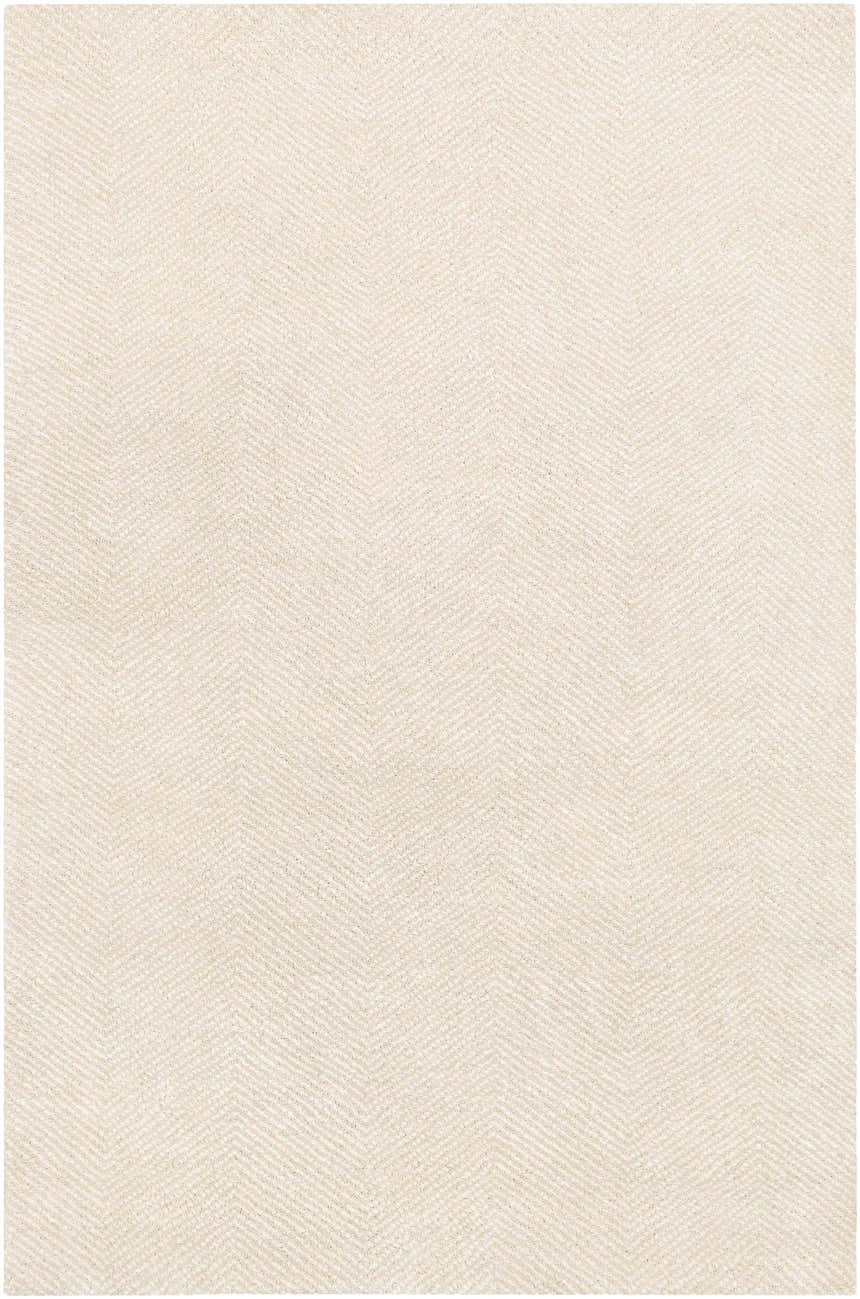 Close-up of the Ceiba Carpet. Beige and ivory rug with a subtle, contemporary herringbone pattern and hand-knotted texture. Design-Rectangle-576
