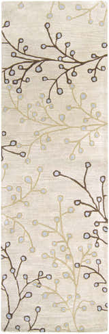 Close-up of the Elsu Beige&Gray Wool Rug, showcasing its floral branch pattern in dark brown, tan, and gray on a beige background. Design-Runner-268