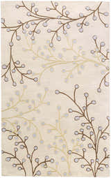 Close-up of the Elsu Beige&Gray Wool Rug featuring a botanical branch pattern in dark brown, tan, and gray on a beige background. Design-Rectangle-58