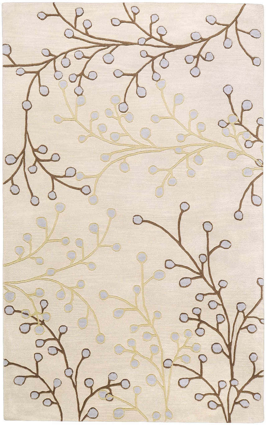 Close-up of the Elsu Beige&Gray Wool Rug featuring a botanical branch pattern in dark brown, tan, and gray on a beige background. Design-Rectangle-58