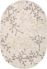 Close-up of an oval Elsu Beige&Gray Wool Rug with a delicate brown and tan floral branch pattern. Design-Oval-69