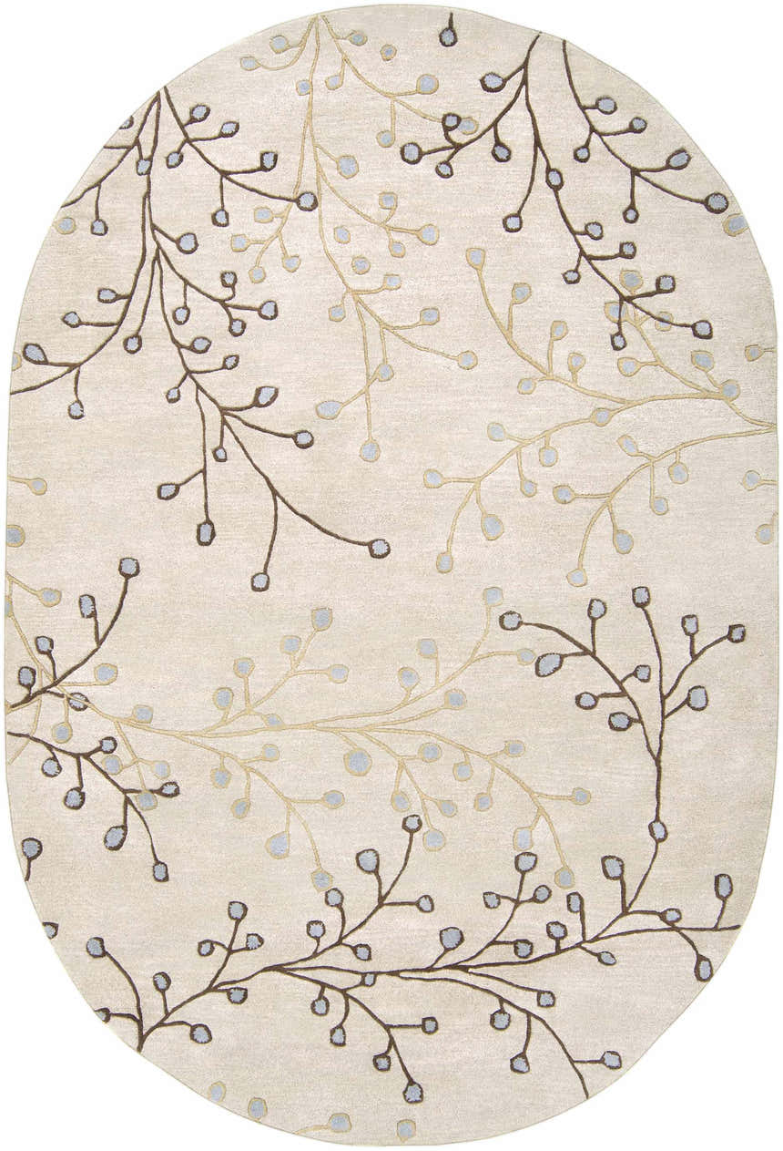 Close-up of an oval Elsu Beige&Gray Wool Rug with a delicate brown and tan floral branch pattern. Design-Oval-69