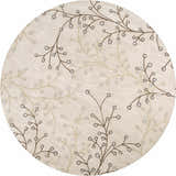 Close-up of the round Elsu Beige&Gray Wool Rug, featuring a delicate floral branch pattern in brown, gray and tan hues. Design-Round-8