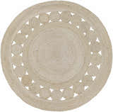 Close-up of a Stafford Bleached Jute Round Rug, featuring a circle of jute rosettes around the rug's edge. Beige, natural fiber texture. Design-Round-3