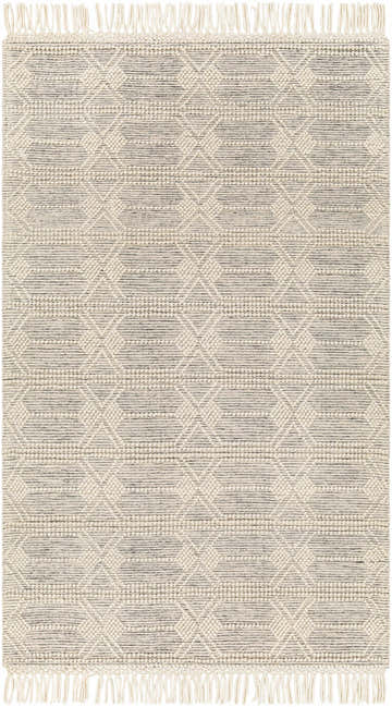 Close-up of Chars Wool Rug with Tassels. Bone and gray geometric pattern, hand-woven texture, and fringe detail. Design-Rectangle-58