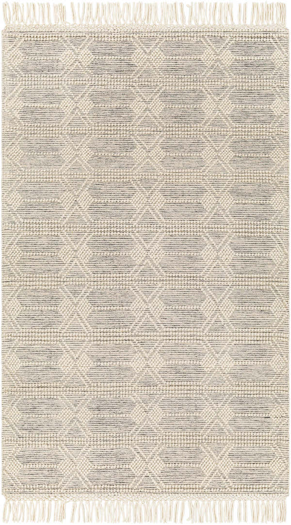 Close-up of Chars Wool Rug with Tassels. Bone and gray geometric pattern, hand-woven texture, and fringe detail. Design-Rectangle-58