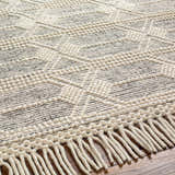 Close-up of the Chars Wool Rug with Tassels. Bone and gray geometric pattern with textured wool and cotton construction. Texture