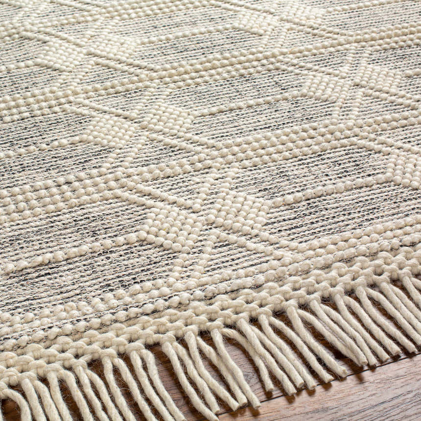 Close-up of the Chars Wool Rug with Tassels. Bone and gray geometric pattern with textured wool and cotton construction. Texture