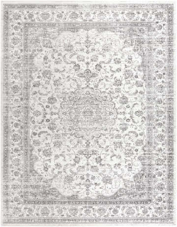 Close-up of the Chicota Area Rug, a machine-woven rug with a traditional gray and white floral pattern. Design-Rectangle-710103