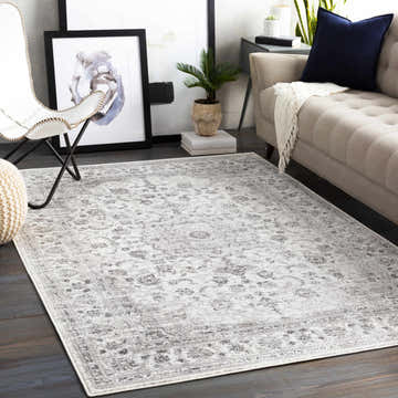 Living room scene with a gray sofa and the Chicota Area Rug in charcoal, gray, and white. Roomscene-Rectangle
