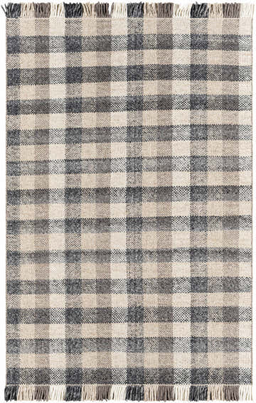Close-up of the hand woven Chilliwack Gray Plaid Wool Rug, showing charcoal, cream, and gray tones and fringe detail. Design-Rectangle-576