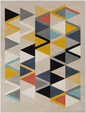 Close-up of the Champlin Area Rug featuring a geometric triangle pattern in aqua, charcoal, mustard, and beige tones. Design-Rectangle-710103