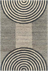 Close-up of the Chantesuta Modern Wool Rug, showcasing its beige and black striped semicircle and linear pattern. Design-Rectangle-576