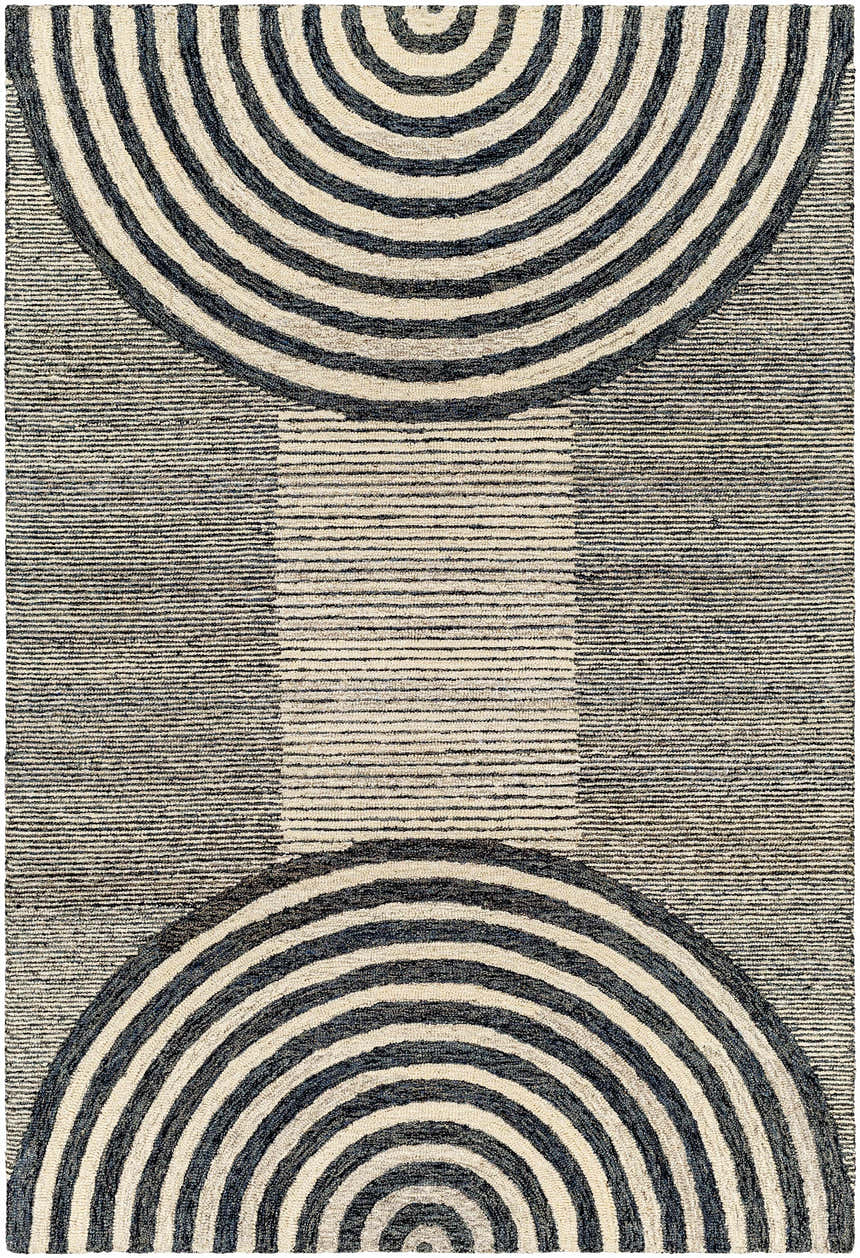 Close-up of the Chantesuta Modern Wool Rug, showcasing its beige and black striped semicircle and linear pattern. Design-Rectangle-576