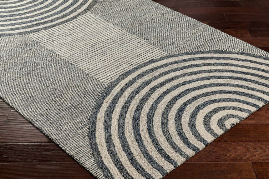 Close-up of the Chantesuta Modern Wool Rug showing its beige and navy circle and line pattern on dark wood floors. Corner
