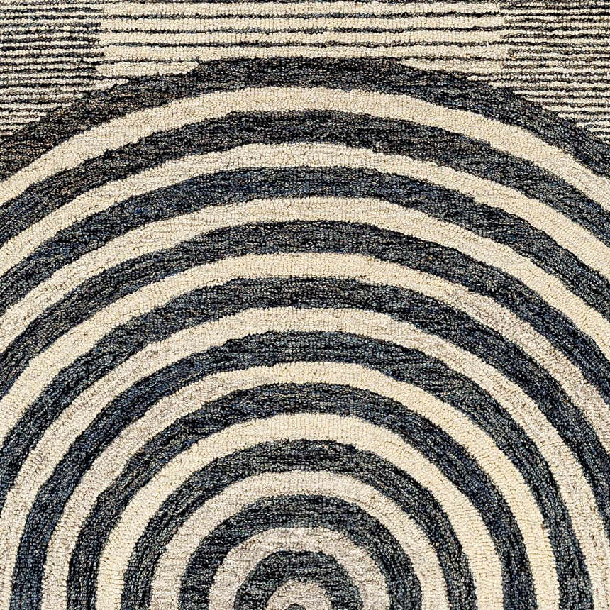 Close-up of Chantesuta Modern Wool Rug. Beige and black concentric semi-circles pattern. Hand-tufted texture. Swatch