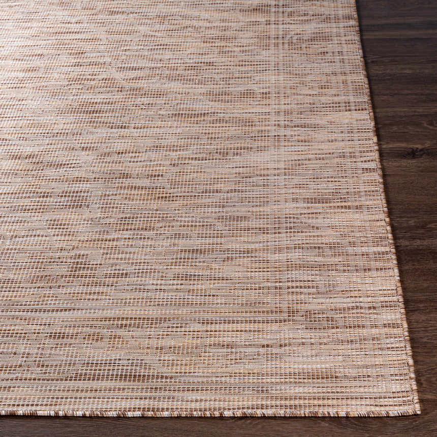 Close-up of Coolville Brown Flatweave Area Carpet showing its woven texture and neutral brown, cream, and tan colors. Front