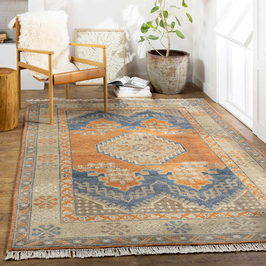 Living room scene with a blue and burnt orange Charmhaven Area Rug, wood chair, and potted plant. Roomscene-Rectangle