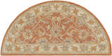 Close-up of Caesar Hand Tufted Burnt Orange Wool Hearth Rug. Features floral, oriental design in burnt orange, beige, and brown tones. Design-Hearth