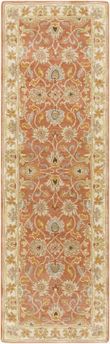 Close-up of the Caesar Hand Tufted Burnt Orange 1124 Wool Carpet featuring a traditional floral pattern and neutral border. Design-Runner-268