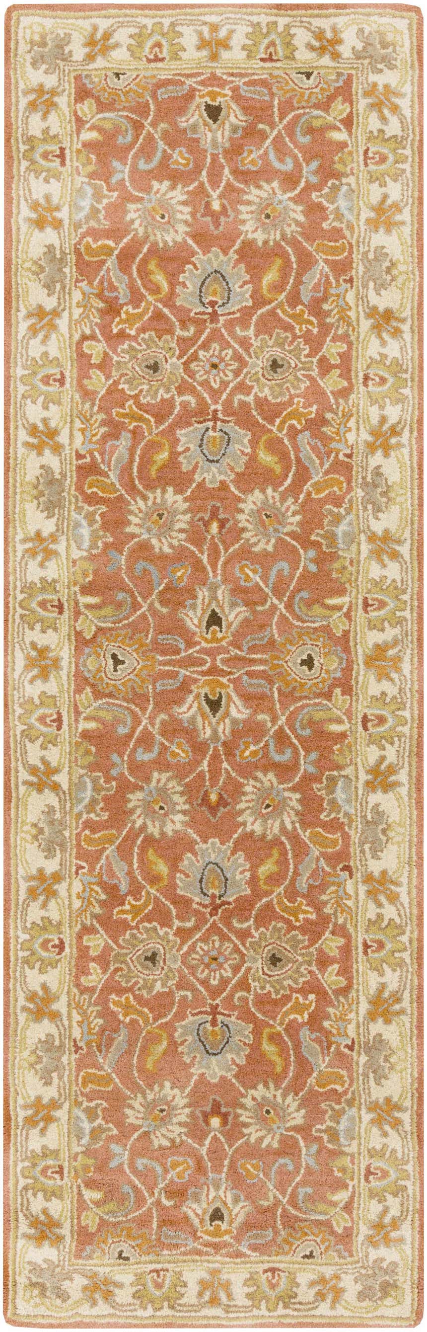 Close-up of the Caesar Hand Tufted Burnt Orange 1124 Wool Carpet featuring a traditional floral pattern and neutral border. Design-Runner-268