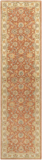Close-up of the Caesar Hand Tufted Burnt Orange 1124 Wool Carpet. Features a floral pattern with brick red, taupe, and sky blue accents. Design-Runner-312