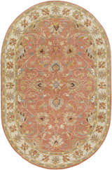 Detailed oval Caesar Hand Tufted Burnt Orange Wool Carpet with floral and leaf pattern in burnt orange, taupe, and cream. Design-Oval-69
