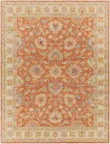 Close-up of the Caesar Hand Tufted Burnt Orange 1124 Wool Carpet. Features a floral pattern and a neutral border. Design-Rectangle-7696