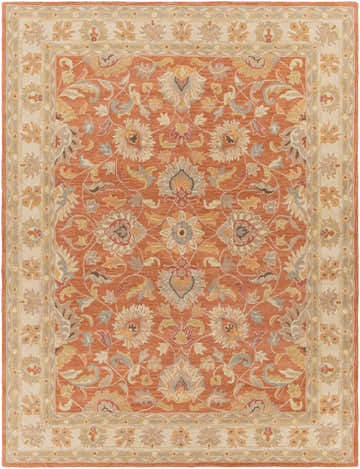 Close-up of the Caesar Hand Tufted Burnt Orange 1124 Wool Carpet. Features a floral pattern and a neutral border. Design-Rectangle-7696
