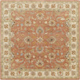Detailed view of the Caesar Hand Tufted Burnt Orange 1124 Wool Carpet. Features a traditional floral pattern in burnt orange, taupe, and blue. Design-Square-8