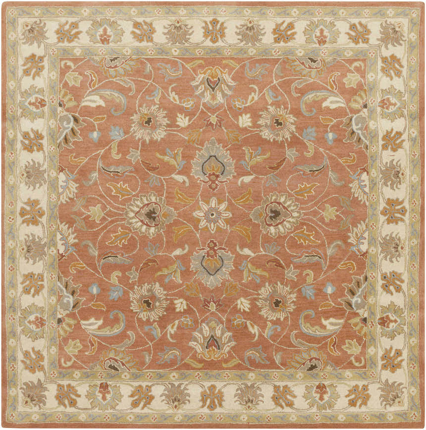Detailed view of the Caesar Hand Tufted Burnt Orange 1124 Wool Carpet. Features a traditional floral pattern in burnt orange, taupe, and blue. Design-Square-8