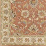 Close up of Caesar Hand Tufted Burnt Orange 1124 Wool Carpet. Features floral designs in brick red, taupe, and dusty sage. Swatch