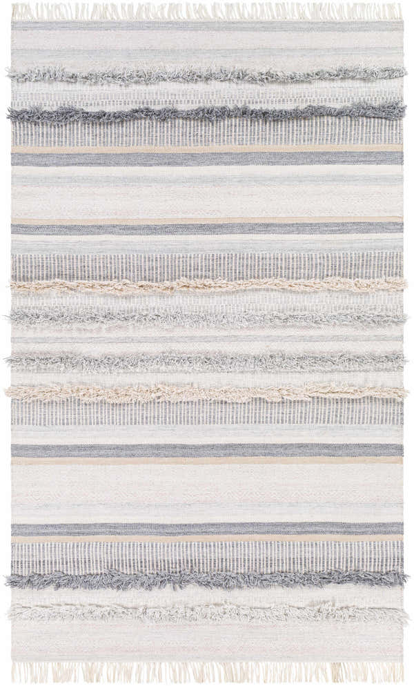Close-up of the Charlemagne Flatweave Performance Rug. Features charcoal, cream, and beige stripes with fringe details. Design-Rectangle-576