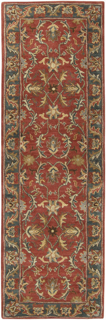 Close-up of the Charlottesville Tufted Wool Rug, a brick red runner with a traditional floral and vine pattern. Design-Runner-268