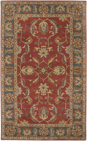 Detailed Charlottesville Tufted Wool Rug in brick red with floral and leaf pattern and navy border. Design-Rectangle-58