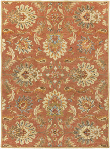 Detailed floral pattern on the Chesterton Hand Tufted Orange Area Rug. Wool rug in brick red, taupe, sage, and gray. Design-Rectangle-811
