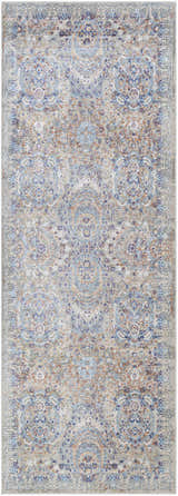 Detailed close-up of the Aisha Abstract Premium Sheen Viscose Rug with blue, orange, purple, and gray oriental patterns. Design-Runner-2777