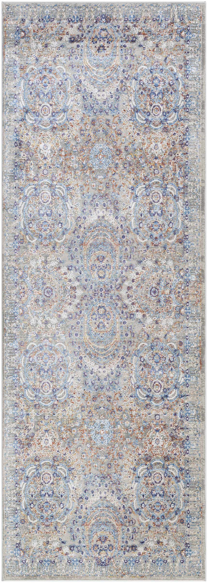 Detailed close-up of the Aisha Abstract Premium Sheen Viscose Rug with blue, orange, purple, and gray oriental patterns. Design-Runner-2777