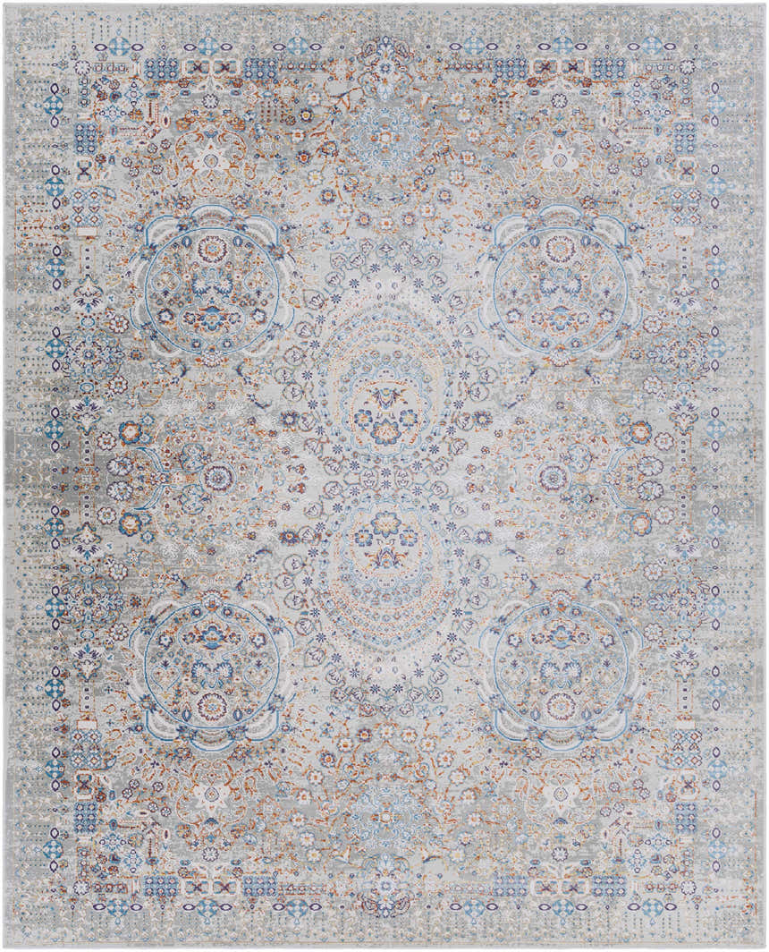 Detailed Aisha Abstract Premium Sheen Viscose Rug with blue, orange, and gray oriental design. Design-Rectangle-710103