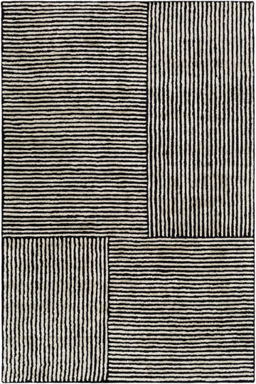 Close-up of Black&White Striped Sheen Viscose Area Rug. Contemporary rug with horizontal and vertical black stripes on oatmeal. Design-Rectangle-576