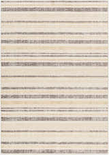 Close-up of the Chato Area Rug. Bone, gray, nutmeg, and white thatch stripes create a geometric, coastal pattern. Design-Rectangle-5373