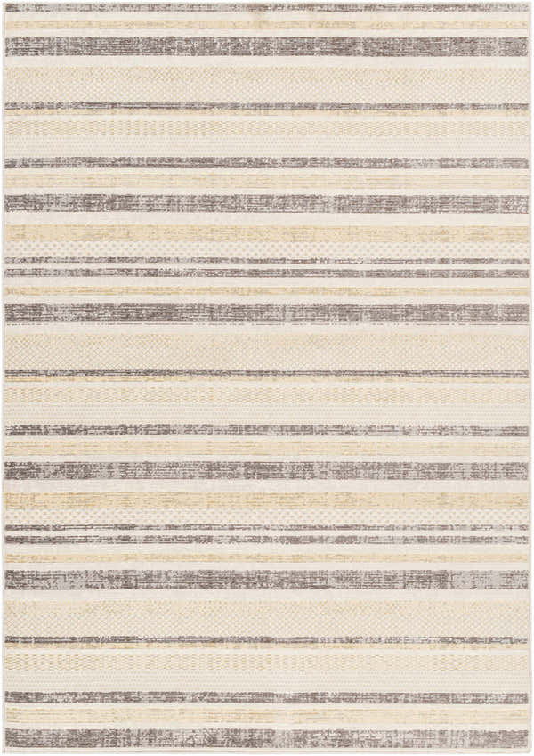 Close-up of the Chato Area Rug. Bone, gray, nutmeg, and white thatch stripes create a geometric, coastal pattern. Design-Rectangle-5373