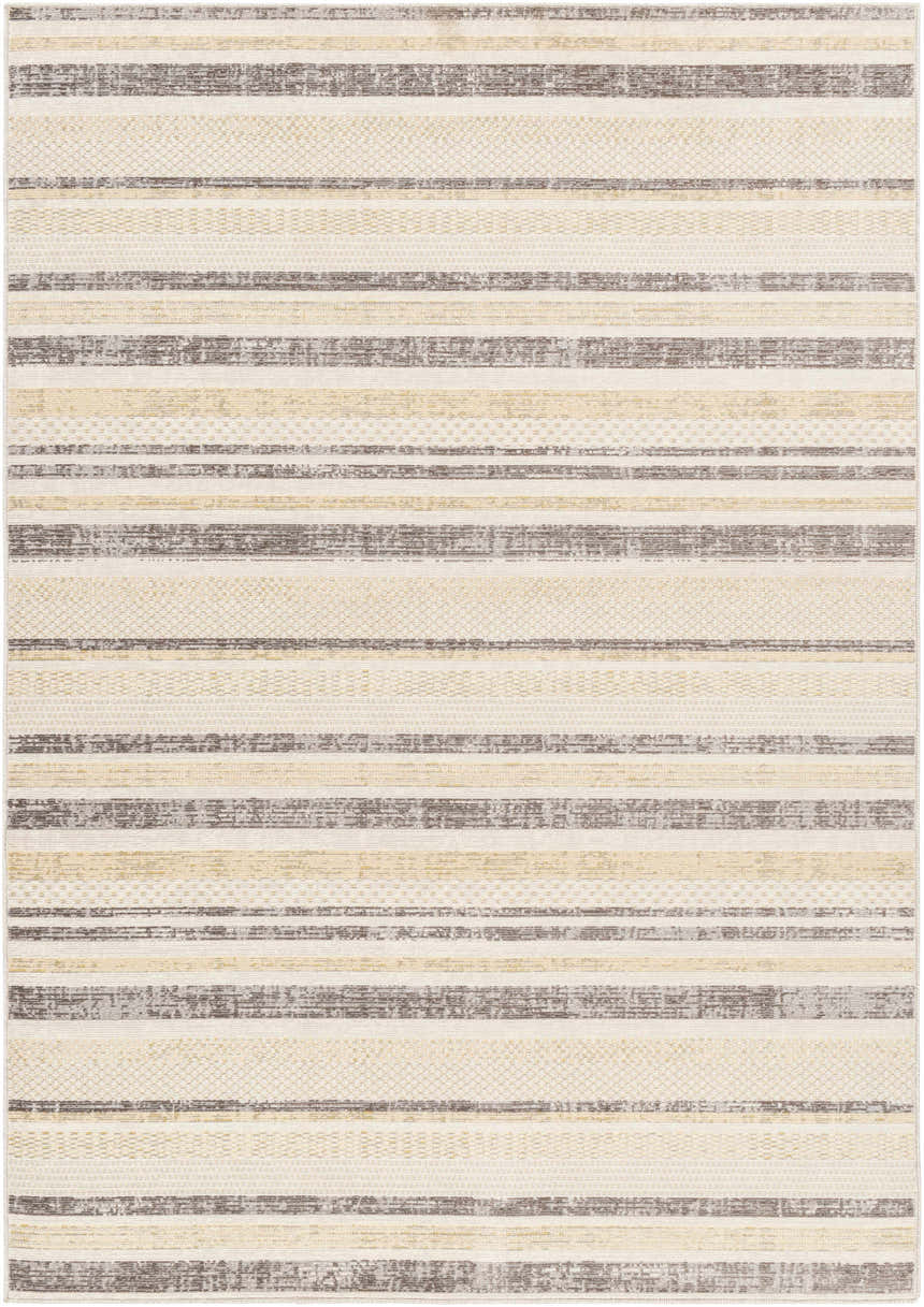 Close-up of the Chato Area Rug. Bone, gray, nutmeg, and white thatch stripes create a geometric, coastal pattern. Design-Rectangle-5373