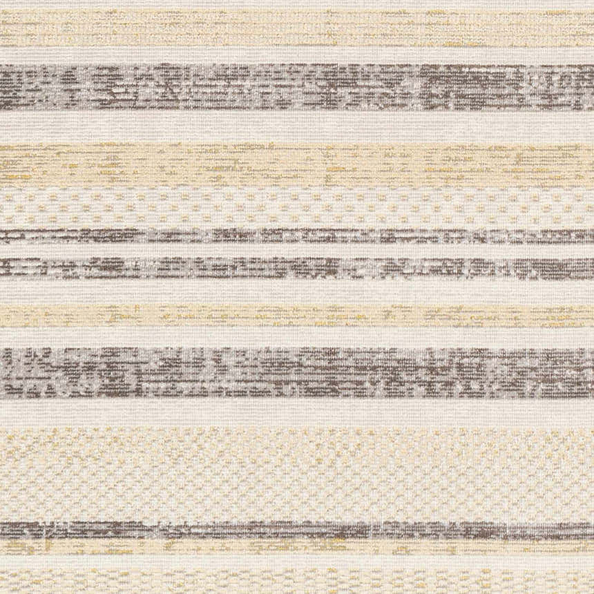 Close-up of Chato Area Rug. Geometric stripe pattern in bone, gray, nutmeg, and white thatch. Machine woven texture. Swatch