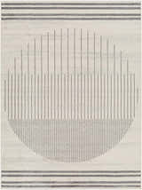 Close-up of Chet Area Rug. Gray geometric design with vertical lines and horizontal stripes on a light gray background. Design-Rectangle-537