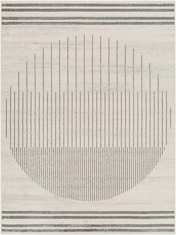 Close-up of Chet Area Rug. Gray geometric design with vertical lines and horizontal stripes on a light gray background. Design-Rectangle-537