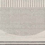 Close-up of the Chet Area Rug, showcasing its geometric design with gray stripes on a light gray textured background. Swatch