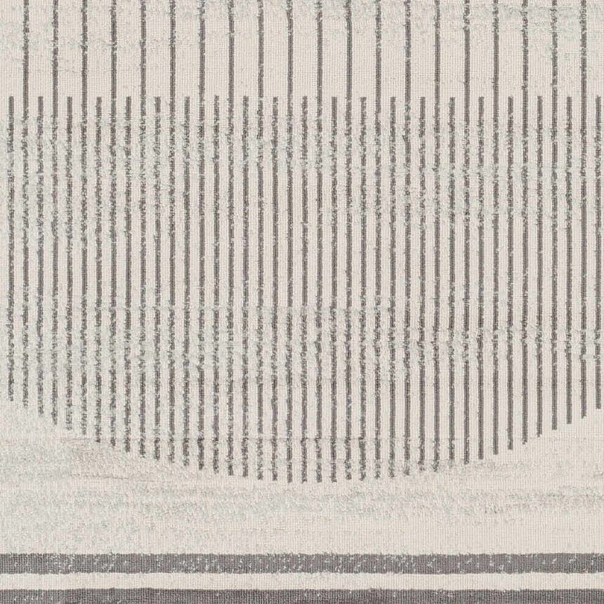 Close-up of the Chet Area Rug, showcasing its geometric design with gray stripes on a light gray textured background. Swatch